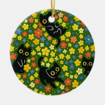かわいい黒猫の花畑柄