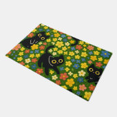 かわいい黒猫の花畑柄 ドアマット (アングル)