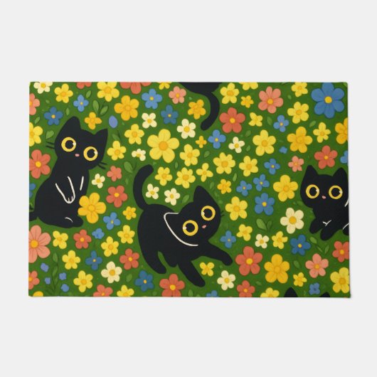 かわいい黒猫の花畑柄 ドアマット (正面)