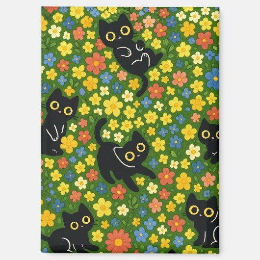 かわいい黒猫の花畑柄 マグネット (正面)