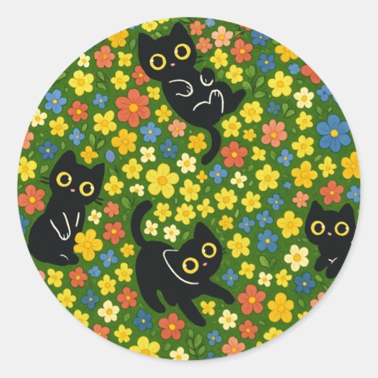 かわいい黒猫の花畑柄 ラウンドシール (正面)