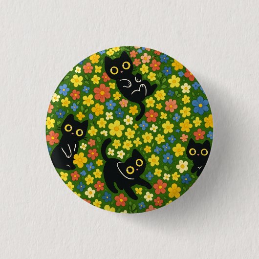 かわいい黒猫の花畑柄 缶バッジ (正面)