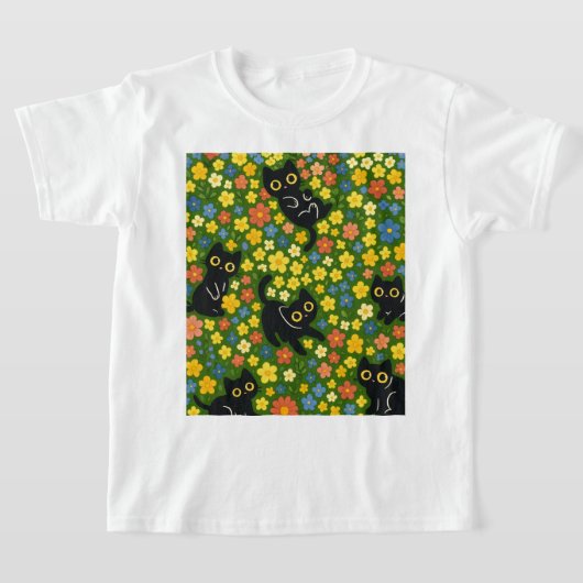 かわいい黒猫の花畑柄 Tシャツ (レイダウン)