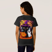 かわいい黒猫の魔女と幽霊のハロウィン🎃 Tシャツ (裏面フル)