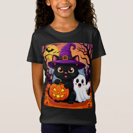 かわいい黒猫の魔女と幽霊のハロウィン🎃 Tシャツ (正面)