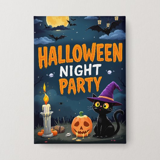 かわいい黒猫の魔女のハロウィンナイトパーティー 缶バッジ (正面)