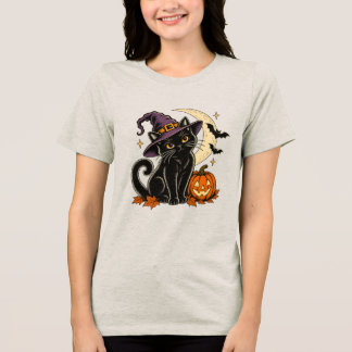 かわいい黒猫の魔女の帽子ハロウィンTシャツ(女性用) トライブレンドTシャツ