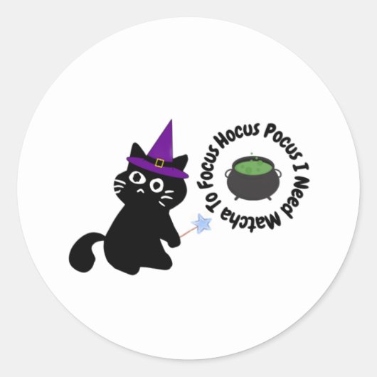 かわいい黒猫の魔女の抹茶ステッカー ラウンドシール (正面)