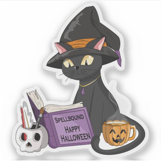 かわいい黒猫の魔女読の魔導書ハロウィン シール (正面)