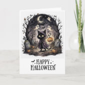 かわいい黒猫の魔女 ハロウィン カード (正面)