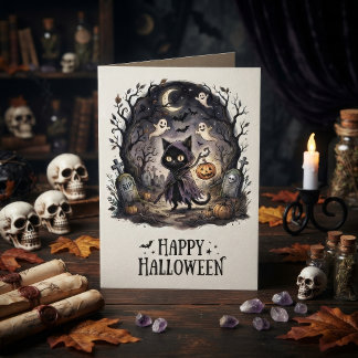 かわいい黒猫の魔女 ハロウィン カード