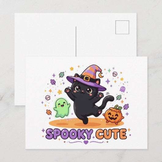 かわいい黒猫の魔女 ハロウィン ポストカード (正面/裏面)