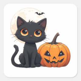 かわいい黒猫の魔法のハロウィンテーマ 🎃 スクエアシール