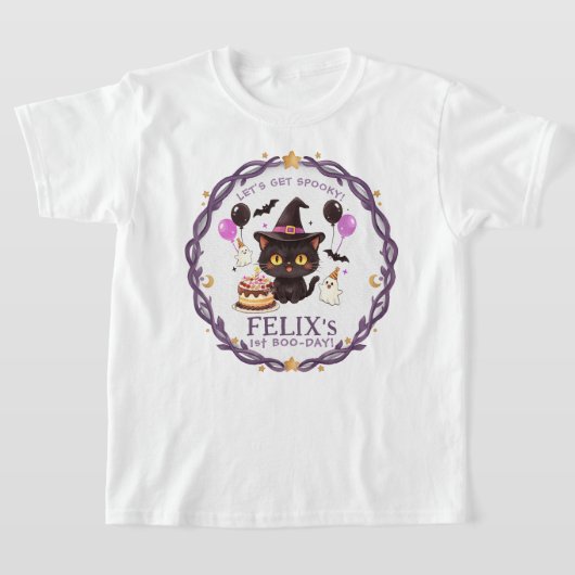 かわいい黒猫の魔法使い 1歳の誕生日 Tシャツ (レイダウン)