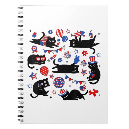 かわいい黒猫アメリカ国旗花火愛国心4th+of ノートブック (正面)