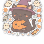 かわいい黒猫ウィッチハット – かわいいハロウィーンA シール (正面)