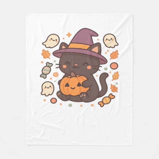 かわいい黒猫ウィッチハット – かわいいハロウィーンA フリースブランケット (正面)