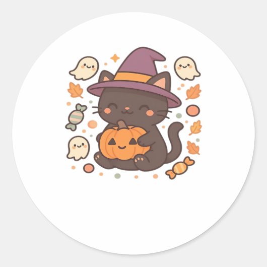 かわいい黒猫ウィッチハット – かわいいハロウィーンA ラウンドシール (正面)