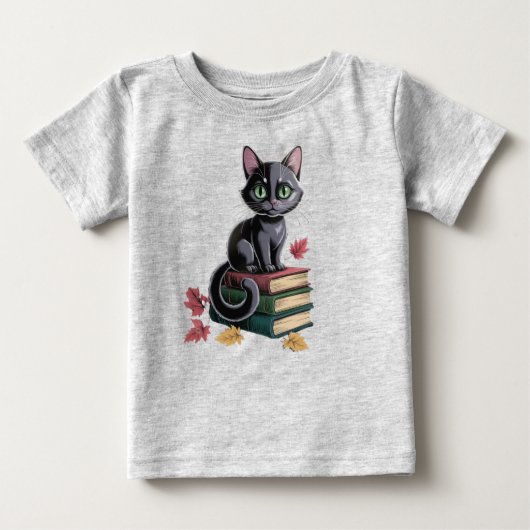 かわいい黒猫オンブックス幼児Tシャツ ベビーTシャツ (正面)