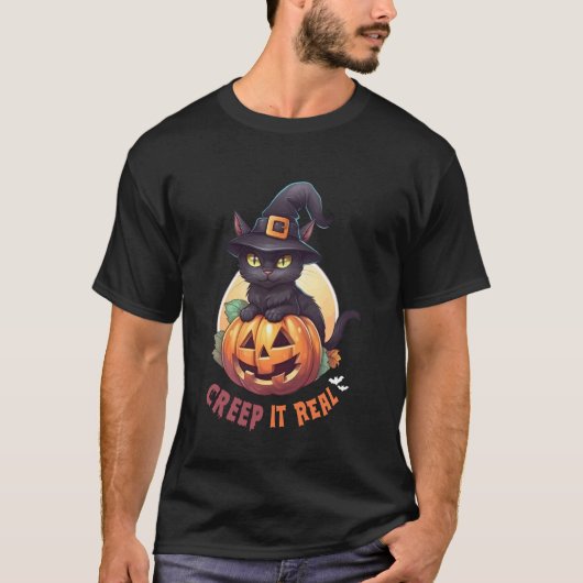かわいい黒猫カボチャのハロウィン Tシャツ (正面)