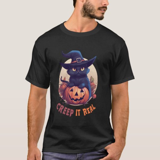かわいい黒猫カボチャの本当のフルムーン・ハロウィン Tシャツ (正面)