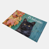 かわいい黒猫キッテンレッド葉ドアー歓迎 ドアマット (アングル)