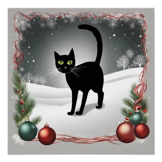 かわいい黒猫クリスマスイラストレーション ポスター (正面)