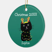 かわいい黒猫クリスマススケッチモノグラムグリーン セラミックオーナメント (左)