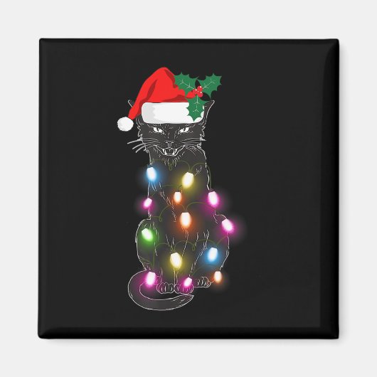 かわいい黒猫クリスマスライトおもしろい猫好きChris マグネット (正面)