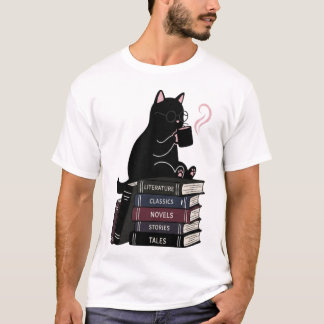 かわいい黒猫コーヒー本Tシャツ Tシャツ