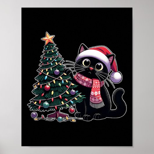 かわいい黒猫サンタハットクリスマスツリーXma ポスター (正面)