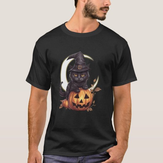 かわいい黒猫ジャックオーランタン・パンプキン・満月 Tシャツ (正面)