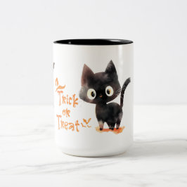 かわいい黒猫ハロウィンのトリックまたは治療 ツートーンマグカップ