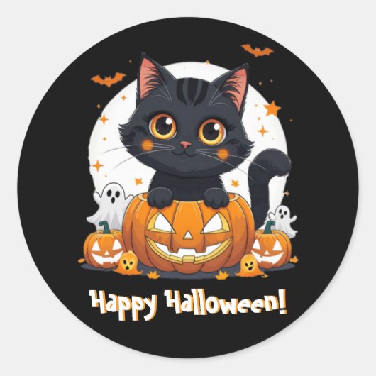 かわいい黒猫ハロウィンステッカー | かわいい ラウンドシール (正面)