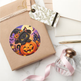 かわいい黒猫ハロウィンパンプキン魔女帽子 ラウンドシール
