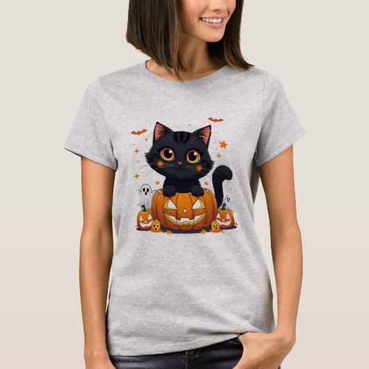 かわいい黒猫ハロウィンTシャツ | かわいい Tシャツ (正面)