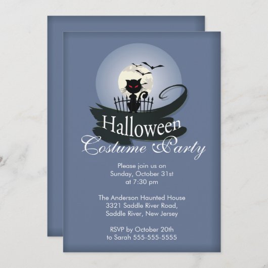 かわいい黒猫ハロウィーンの衣装パーティの招待状 招待状 (正面/裏面)