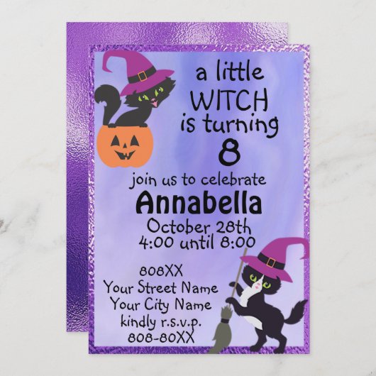 かわいい黒猫ハロウィーンの誕生会 招待状 (正面/裏面)