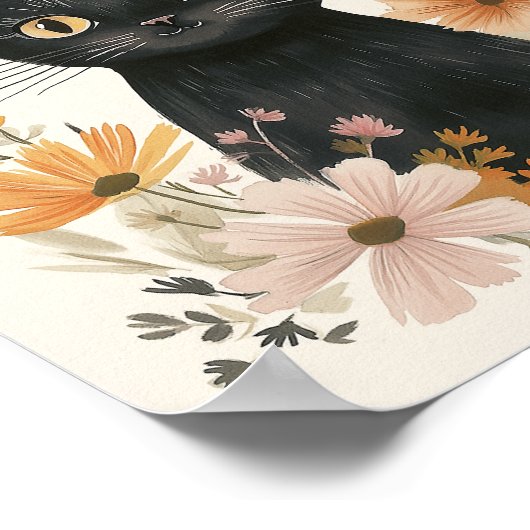 かわいい黒猫ハロウィーンウォーターカラーフローラ ポスター (角)