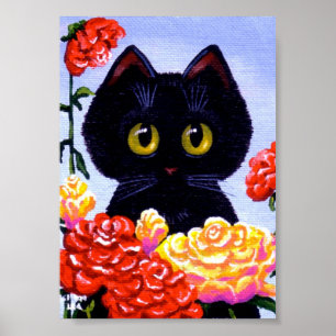 かわいい黒猫バラ花大きな目の作成 ポスター