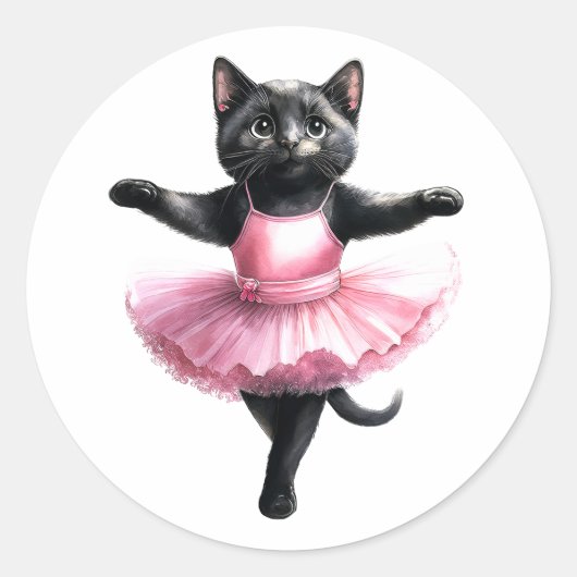 かわいい黒猫バレリーナ踊りバレエ ラウンドシール (正面)