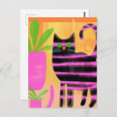 かわいい黒猫ピンクストライプ色 ポストカード (正面/裏面)