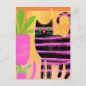 かわいい黒猫ピンクストライプ色 ポストカード (正面)