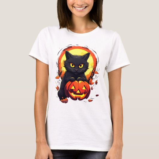 かわいい黒猫フルムーンカボチャモダンハロウィン Tシャツ (正面)