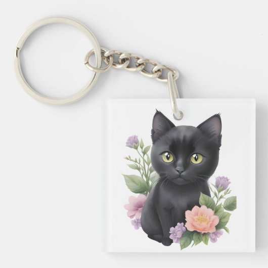かわいい黒猫フローラ お洒落 キーホルダー (正面)