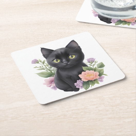 かわいい黒猫フローラ お洒落 スクエアペーパーコースター (アングル)