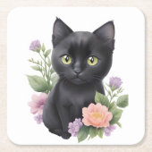 かわいい黒猫フローラ お洒落 スクエアペーパーコースター (正面)