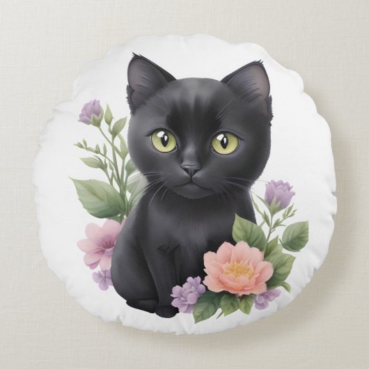 かわいい黒猫フローラ お洒落 ラウンドクッション (正面)