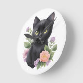 かわいい黒猫フローラ お洒落 ラウンド壁時計 (傾斜)