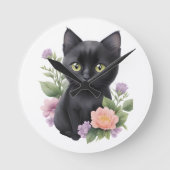 かわいい黒猫フローラ お洒落 ラウンド壁時計 (正面)